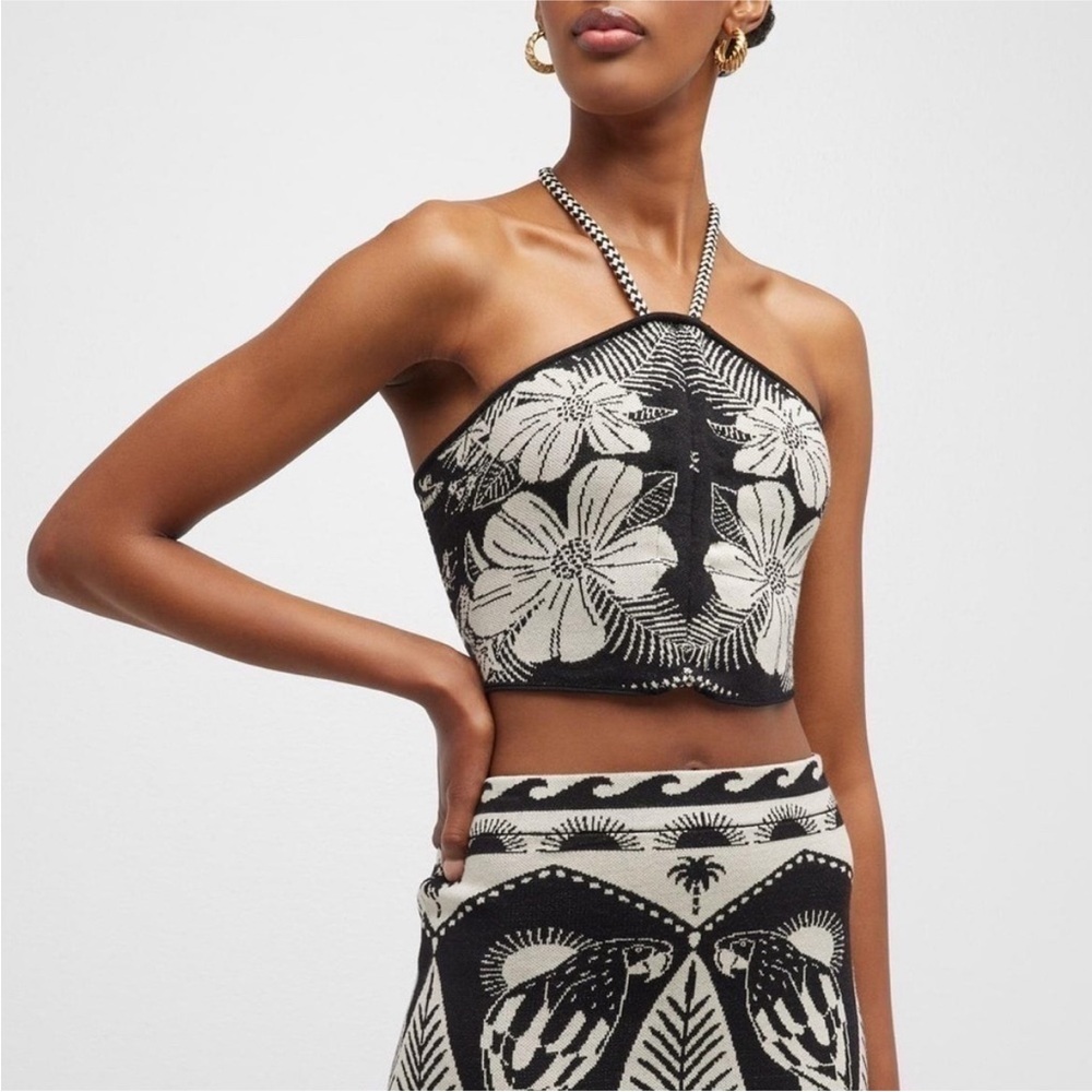Farm Rio Black Macaw Elegance Floral Halter Knit Crop Top Vacation XL